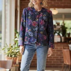 Principles brand floral vintage gem button costal grandma jacket.